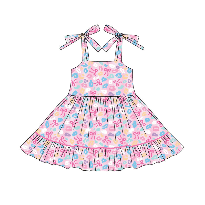 ( Moq 5 ) Preorder Baby Girl Straps Bows Leopard Ruffle Knee Length Dress