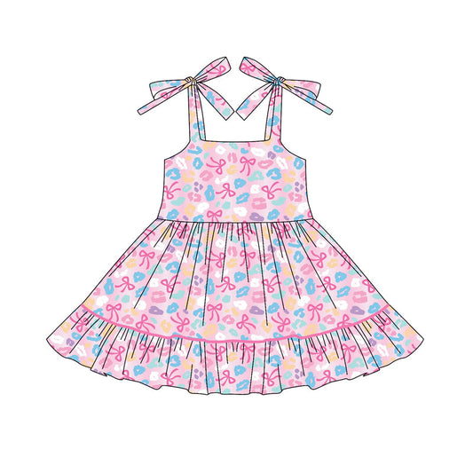 ( Moq 5 ) Preorder Baby Girl Straps Bows Leopard Ruffle Knee Length Dress
