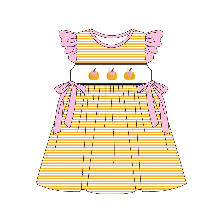( Moq 5 ) Preorder Baby Girl Short Sleeves Pumpkins Stripes Bows Knee Length Dress