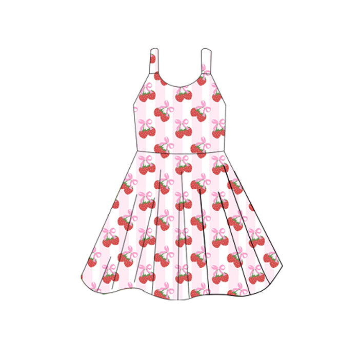 ( Moq 5 ) Preorder Baby Girl Sleeveless Bows Strawberry Knee Length Dress