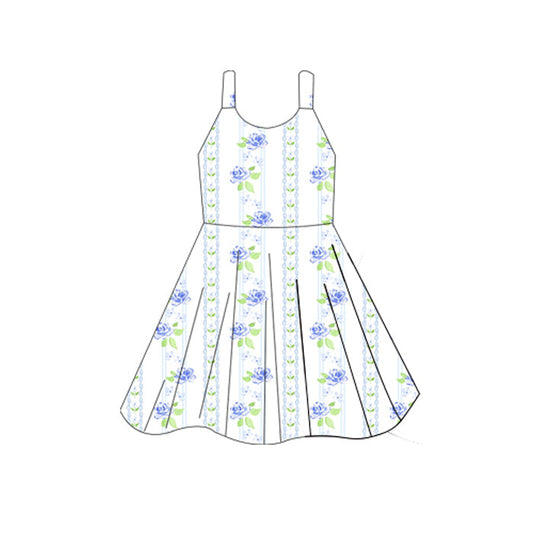 ( Moq 5 ) Preorder Baby Girl Sleeveless Blue Flower Knee Length Dress
