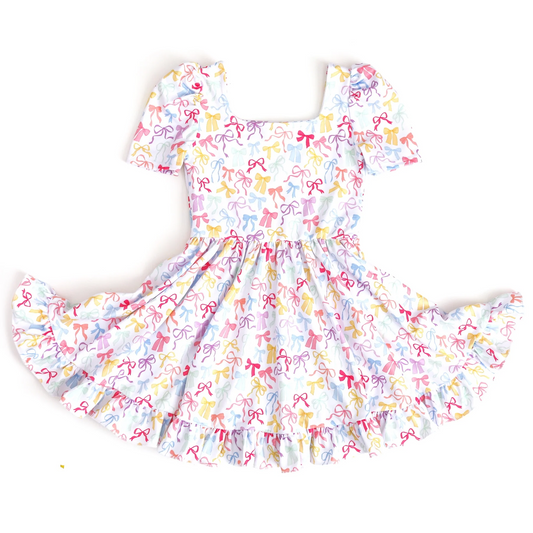 ( Moq 5 ) Preorder Baby Girl Short Sleeves Bows Ruffle Knee Length Dress