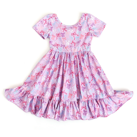 ( Moq 5 ) Preorder Baby Girl Short Sleeves Bows Knee Length Ruffle Dress