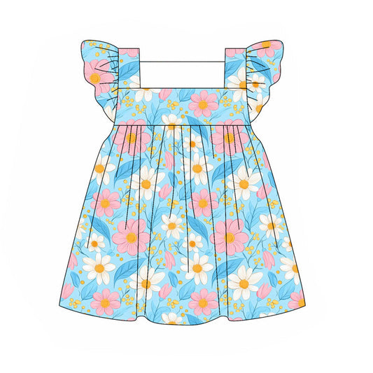 ( Moq 5 ) Preorder Baby Girl Short Sleeves Flower Knee Length Blue Dress