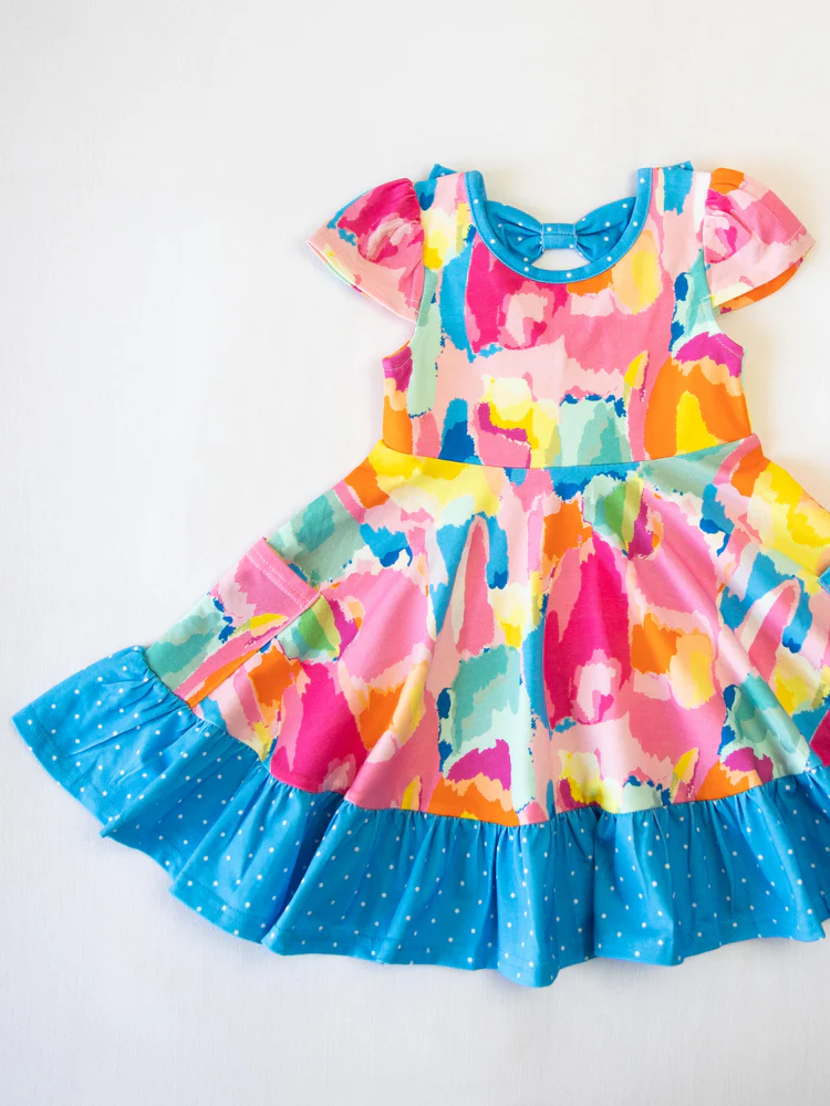 ( Moq 5 ) Preorder Baby Girl Short Sleeves Tie Dye Pockets Ruffle Knee Length Dress
