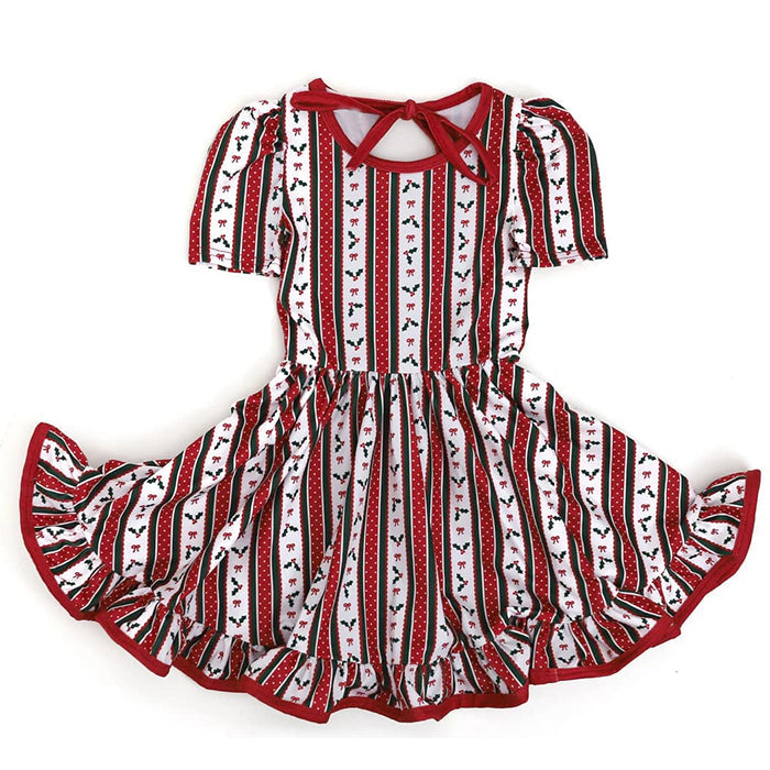 ( Moq 5 ) Preorder Baby Girl Short Sleeves Bows Stripes Christmas Knee Length Dress