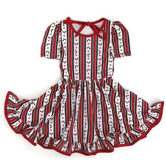 ( Moq 5 ) Preorder Baby Girl Short Sleeves Bows Stripes Christmas Knee Length Dress
