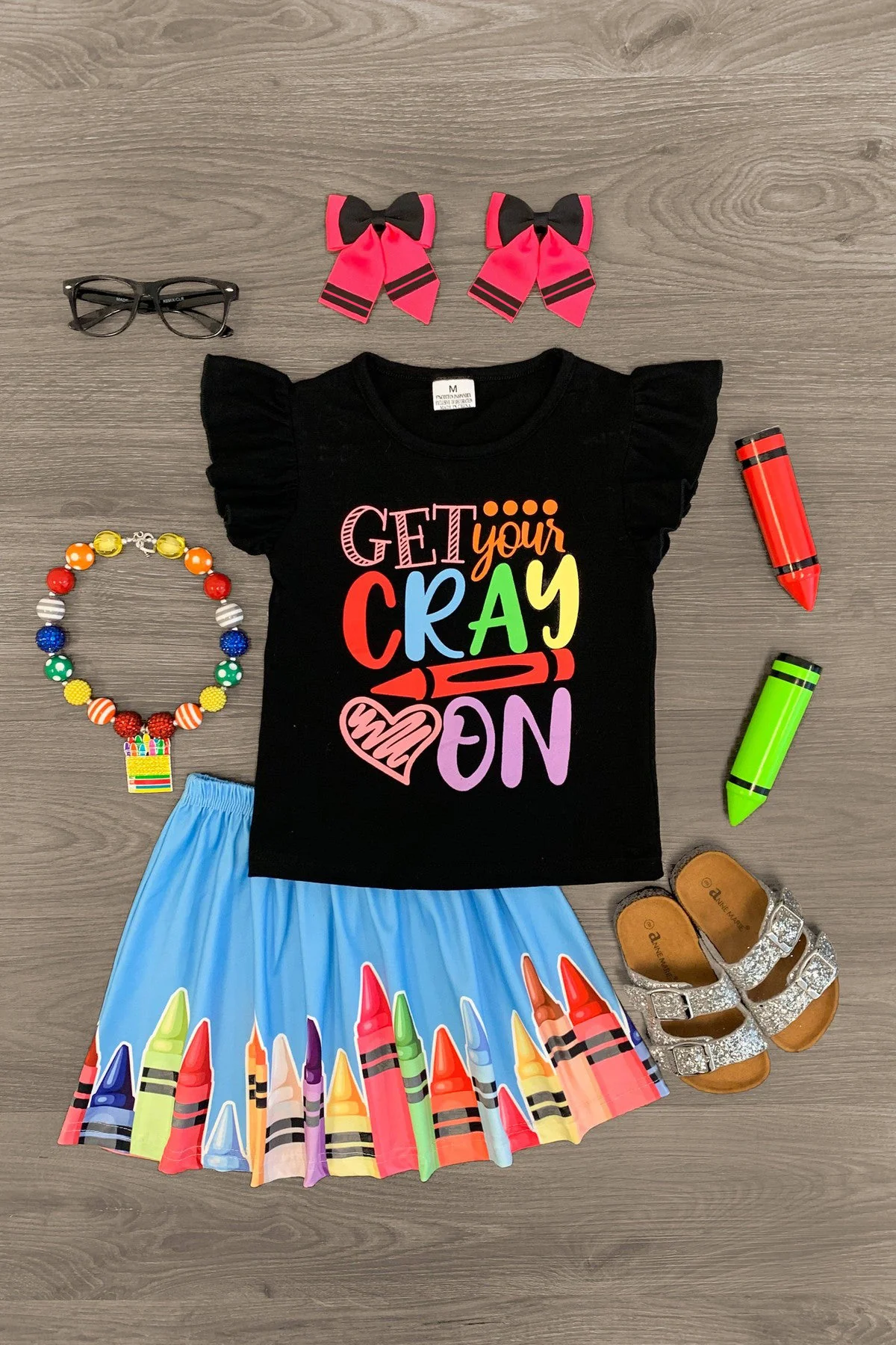 ( Moq 5 ) Preorder Baby Girl Black Short Sleeves Back To School Shirt Blue Skirt Set