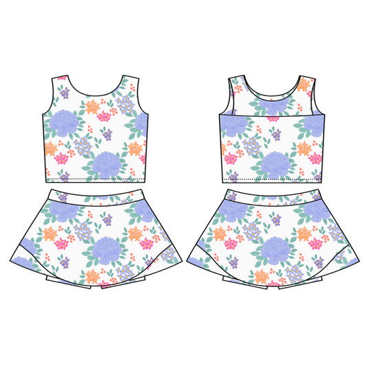 ( Moq 5 ) Preorder Baby Girl Sleeveless Flower Vest Tops Short Skirt Skort Yoga Active Set