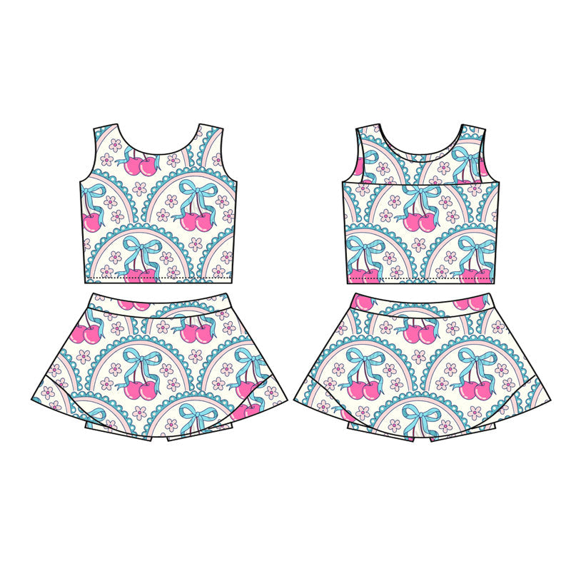 ( Moq 5 ) Preorder Baby Girl Sleeveless Flower Bows Cherry Vest Tops Short Skirt Skort Yoga Set