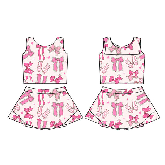 ( Moq 5 ) Preorder Baby Girl Sleeveless Pink Bows Hearts Vest Tops Shorts Skort Yoga Active Set