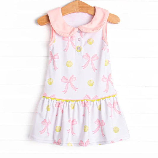 ( Moq 5 ) Preorder Baby Girl Sleeveless Softball Bows Buttons Ruffle Knee Length Dress