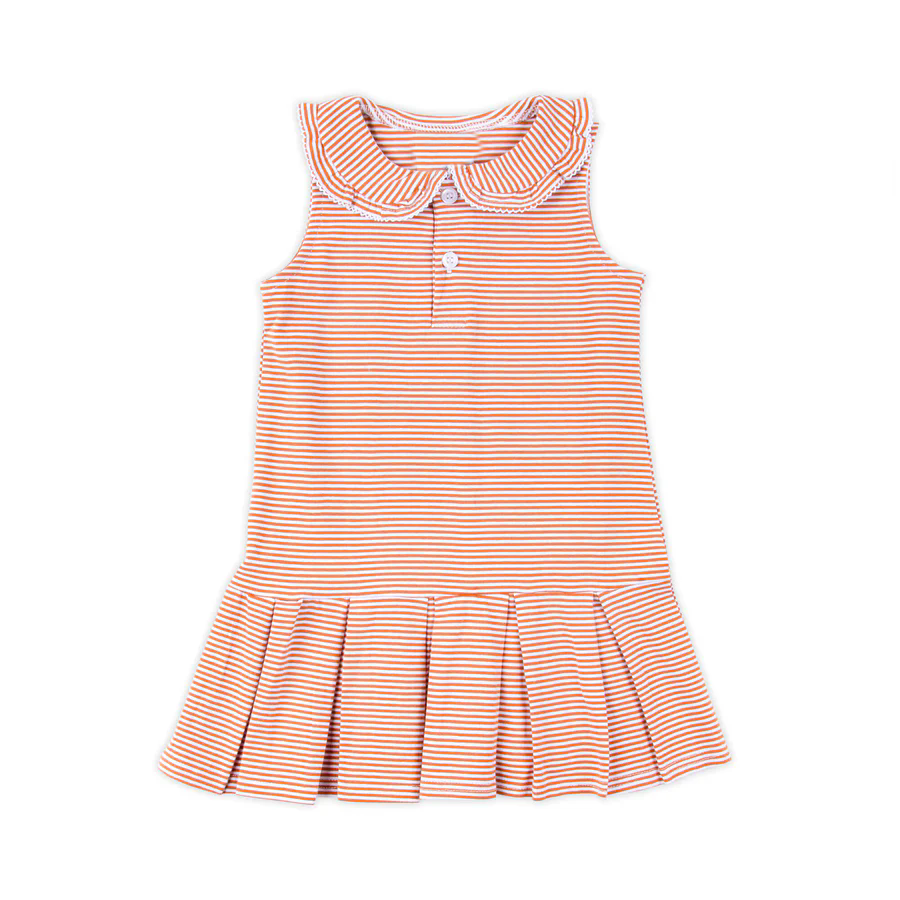 ( Moq 5 ) Preorder Baby Girl Sleeveless Orange Stripes Buttons Ruffle Knee Length Dress