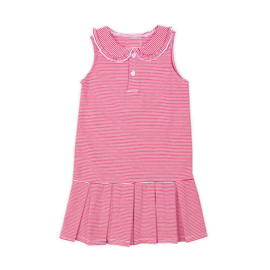 ( Moq 5 ) Preorder Baby Girl Sleeveless Pink Stripes Buttons Ruffle Knee Length Dress