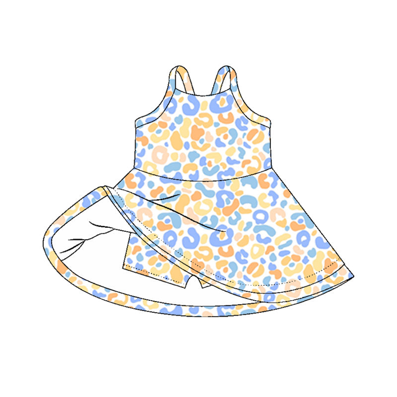 ( Moq 5 ) Preorder Baby Girl Sleeveless Yellow Blue Leopard Knee Length Yoga Active Dress