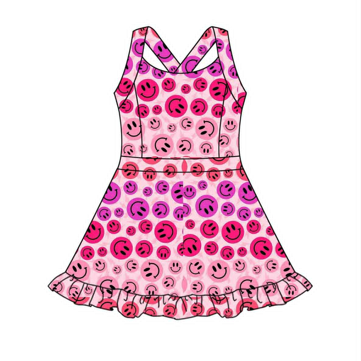( Moq 5 ) Preorder Baby Girl Pink Straps Smile Yoga Active Ruffle Knee Length Dress