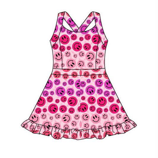 ( Moq 5 ) Preorder Baby Girl Pink Straps Smile Yoga Active Ruffle Knee Length Dress
