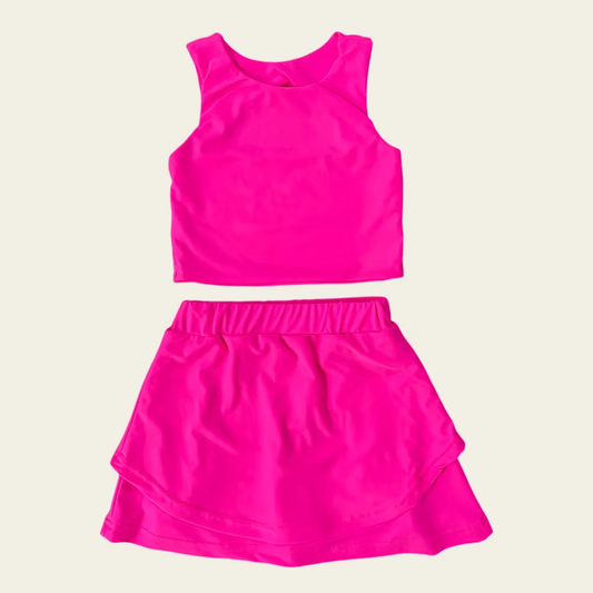 ( Moq 5 ) Preorder Baby Girl Sleeveless Vest Tops Shorts Skirt Skort Yoga Active Pink Set