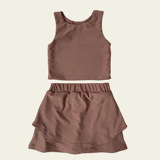 ( Moq 5 ) Preorder Baby Girl Sleeveless Brown Vest Tops Shorts Skirt Skort Yoga Active Set