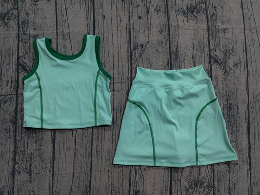 ( No moq ) Preorder Baby Girl Green Sleeveless Vest Tops Shorts Skirt Skort Yoga Active Set