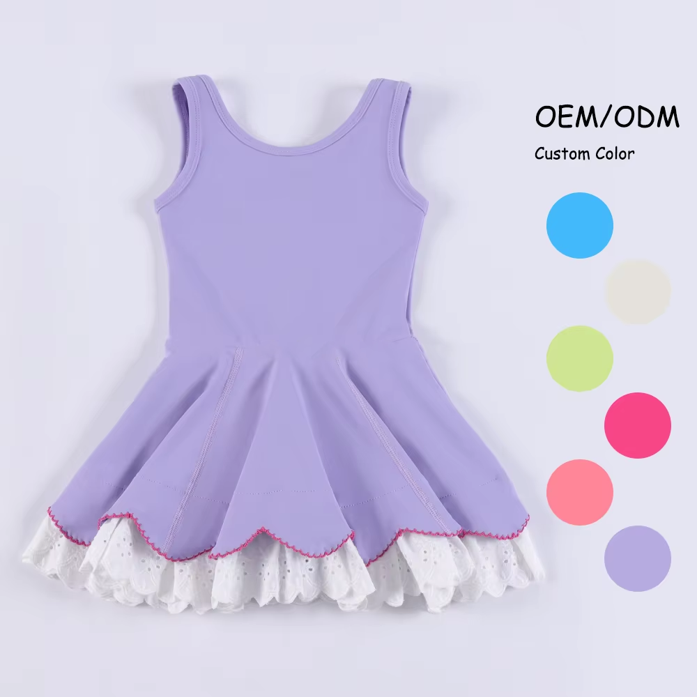 ( Moq 5 ) Preorder Baby Girl Sleeveless Yoga Active Lace Ruffle Lavender Knee Length Dress