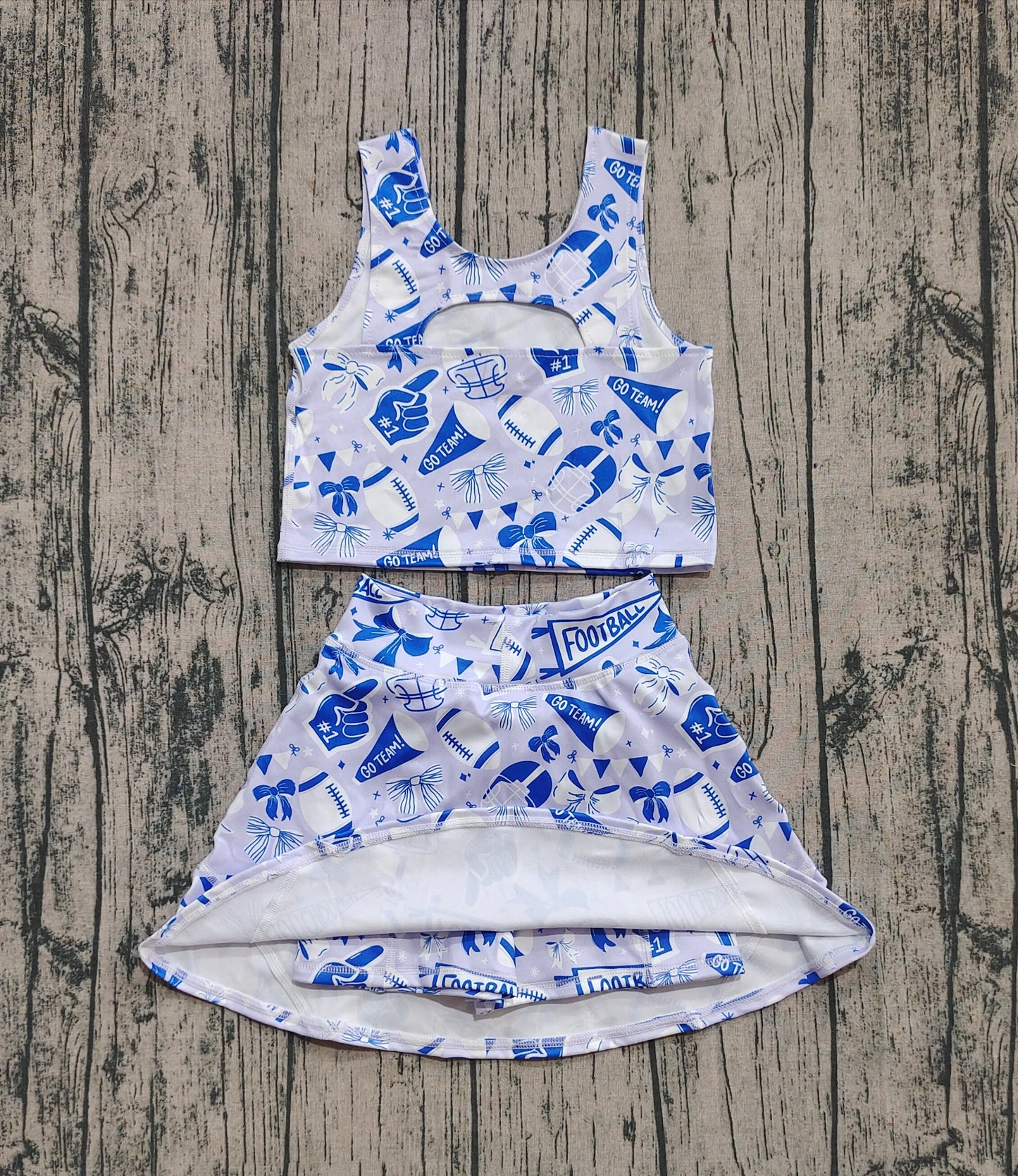 Baby Girl Shot Sleeves Football Blue Bows Cheer Tops Skort Team Yoga Active Set RTS