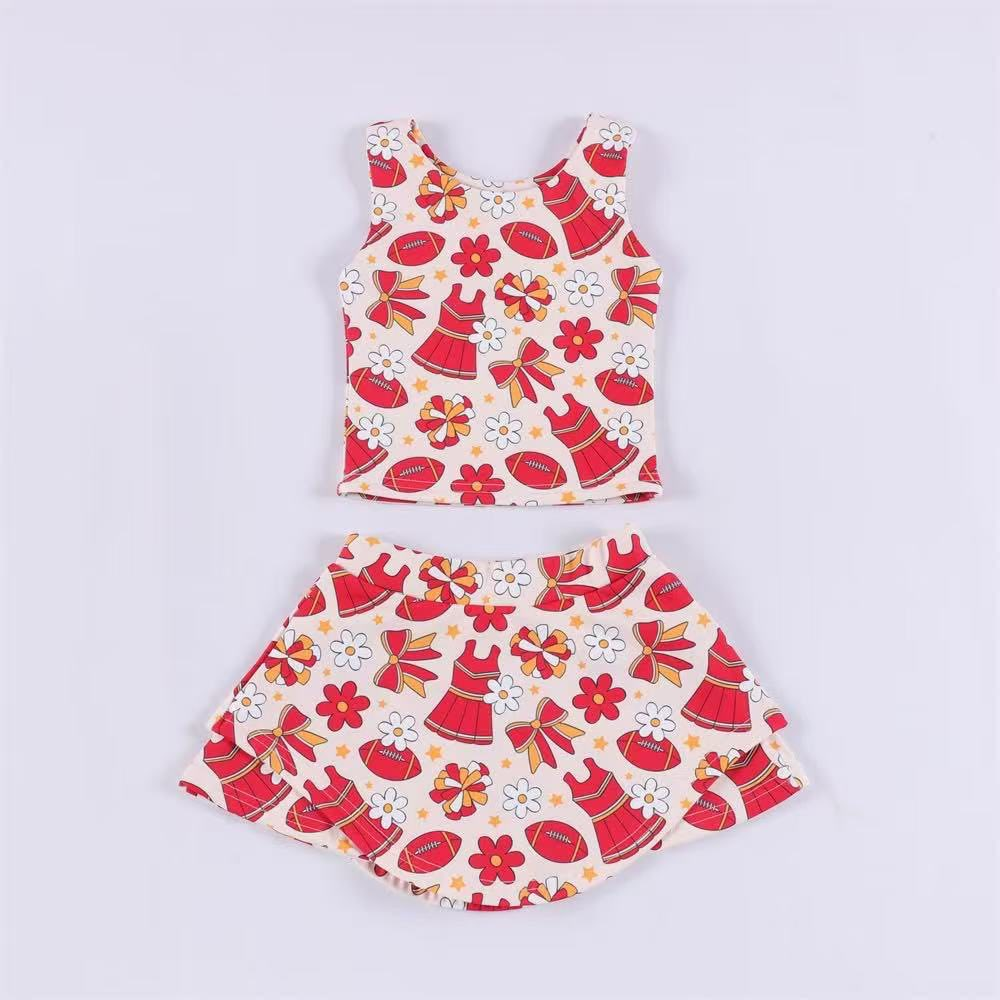 ( Moq 5 ) Preorder Baby Girl Shot Sleeves Football Flower Bows Tops Skort Team Yoga Active Set