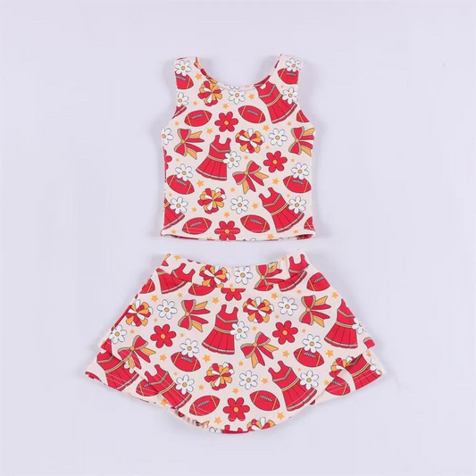 ( Moq 5 ) Preorder Baby Girl Shot Sleeves Football Flower Bows Tops Skort Team Yoga Active Set
