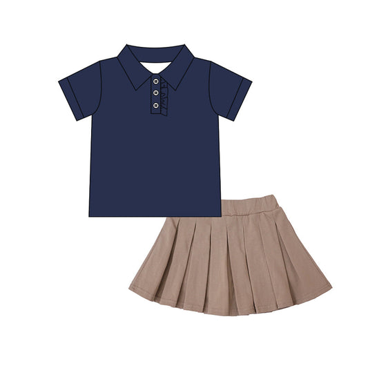 ( Moq 5 ) Preorder Baby Girl Navy Short Sleeves Buttons Shirt Khaki Skirt Cotton Set