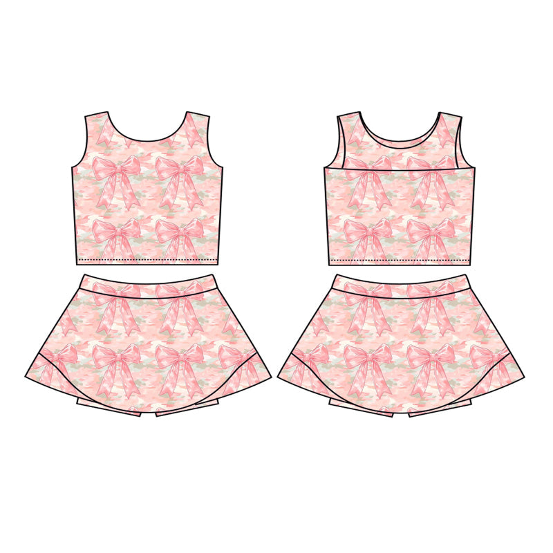 ( Moq 5 ) Preorder Baby Girl Sleeveless Bows Camo Vest Tops Skort Yoga Active Pink Outfit