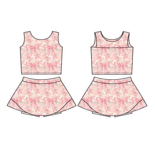 ( Moq 5 ) Preorder Baby Girl Sleeveless Bows Camo Vest Tops Skort Yoga Active Pink Outfit