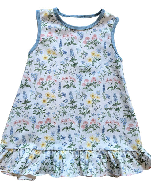 ( Moq 5 ) Preorder Baby Girl Sleeveless Floral Blue Ruffle Knee Length Dress