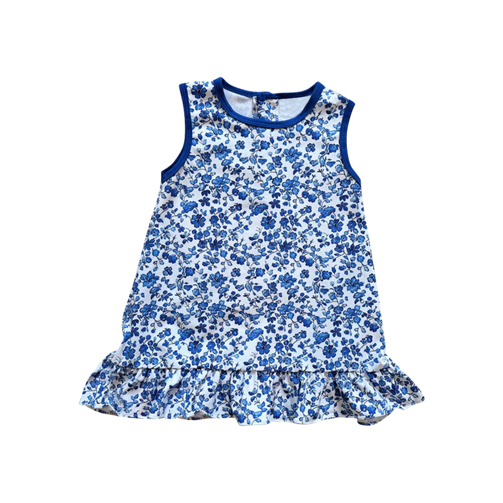 ( Moq 5 ) Preorder Baby Girl Sleeveless Blue Floral Ruffle Knee Length Dress