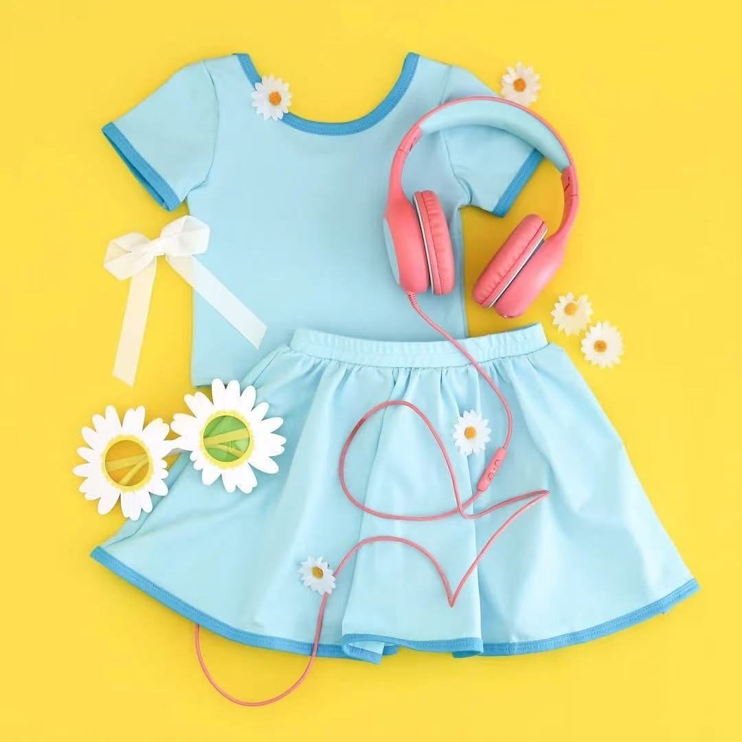 ( Moq 5 ) Preorder Baby Girl Short Sleeves Blue Shirt Skort Summer Yoga Active Outfit