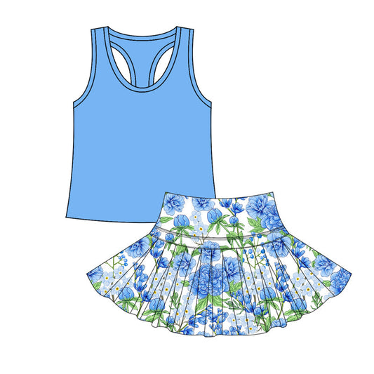 ( Moq 5 ) Preorder Baby Girl Sleeveless Blue Vest Tops Flower Skort Summer Yoga Active Outfit