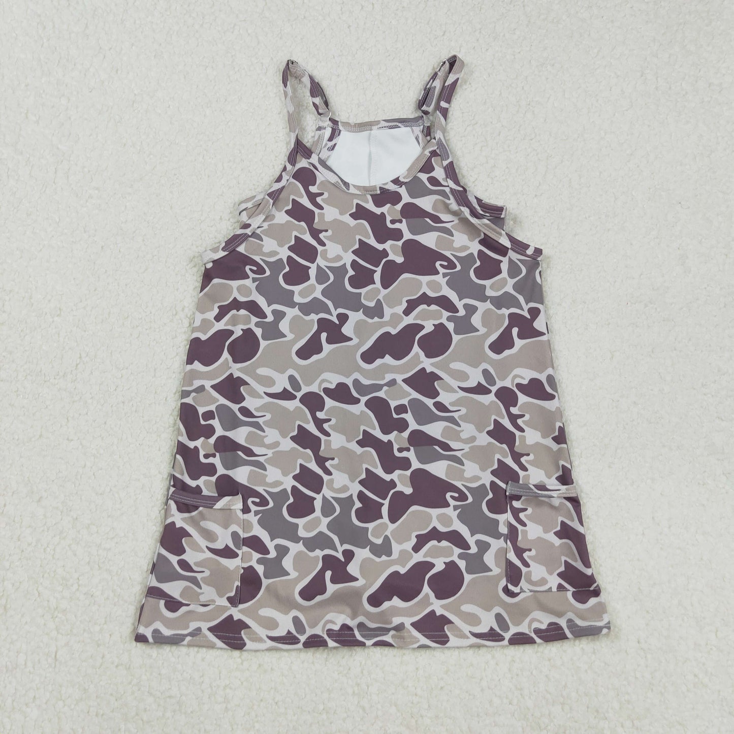 Girls Kids Straps Camo Pockets Yoga Active Grey Sibling Sister Knee Length Dress RTS