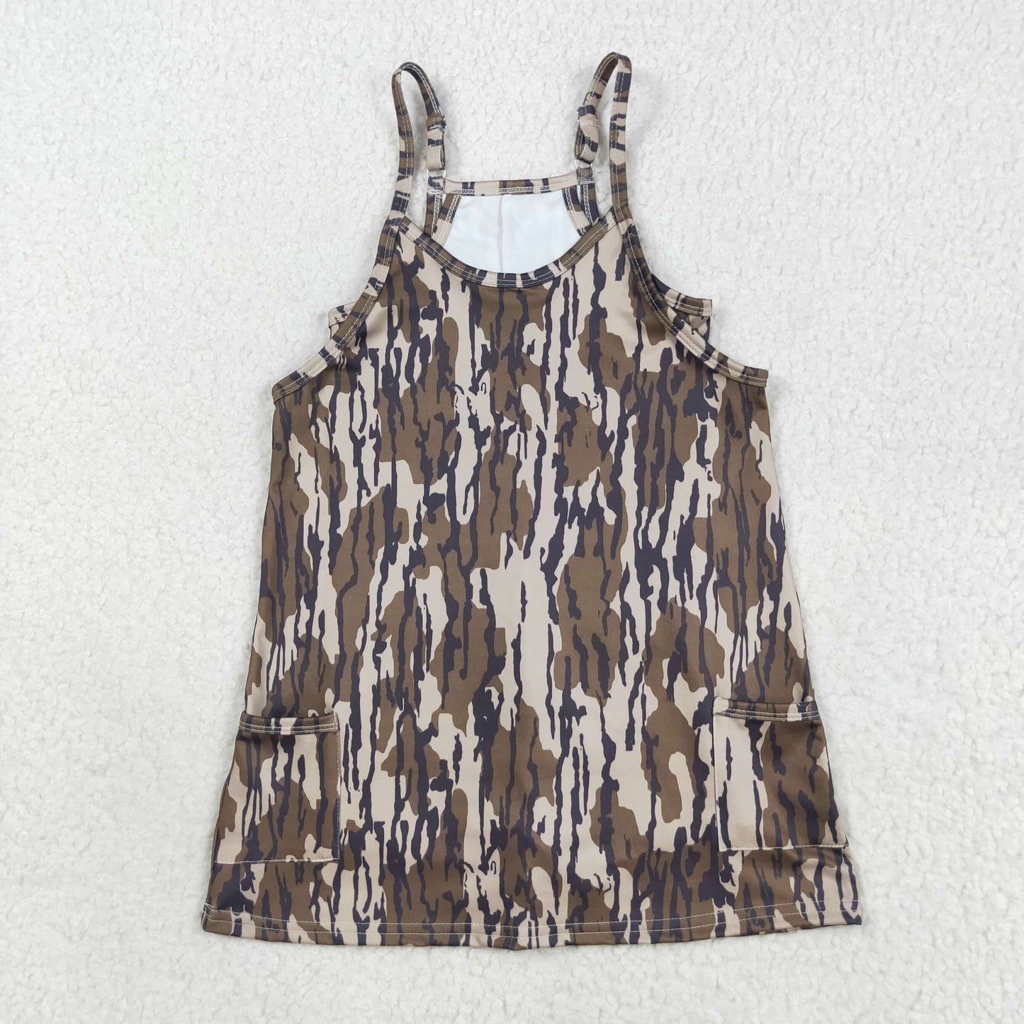 Girls Kids Straps Camo Pockets Yoga Active Grey Sibling Sister Knee Length Dress RTS