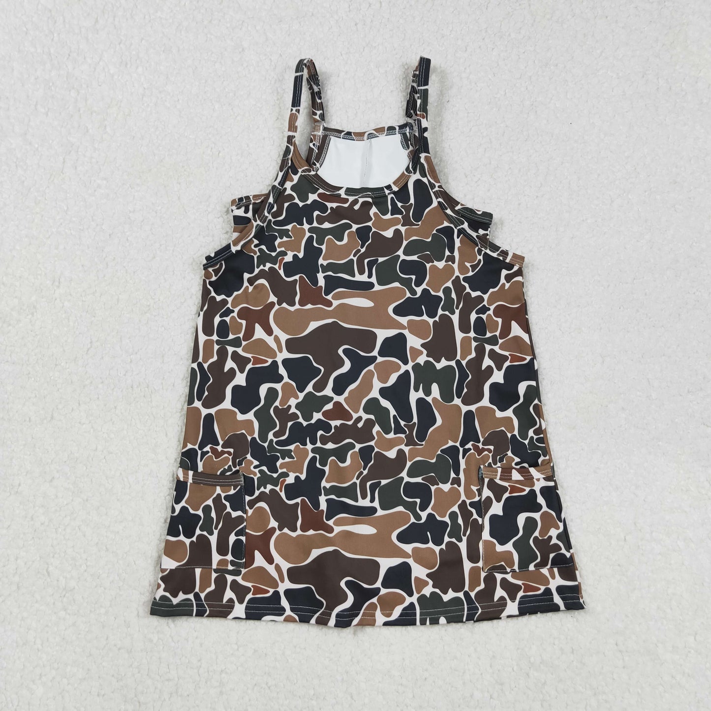 Girls Kids Straps Camo Pockets Yoga Active Grey Sibling Sister Knee Length Dress RTS