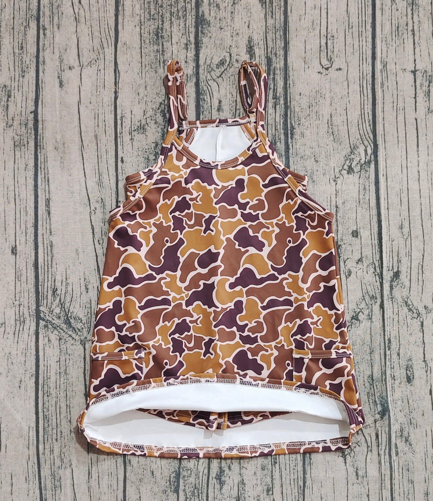 Baby Girl Straps Brown Camo Pockets Yoga Active Knee Length Dress RTS
