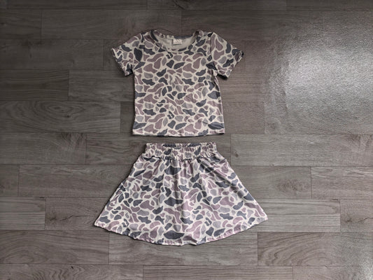 ( No moq ) Preorder Baby Girl Short Sleeves Grey Camo Shirt Skorts Set Summer Clothes