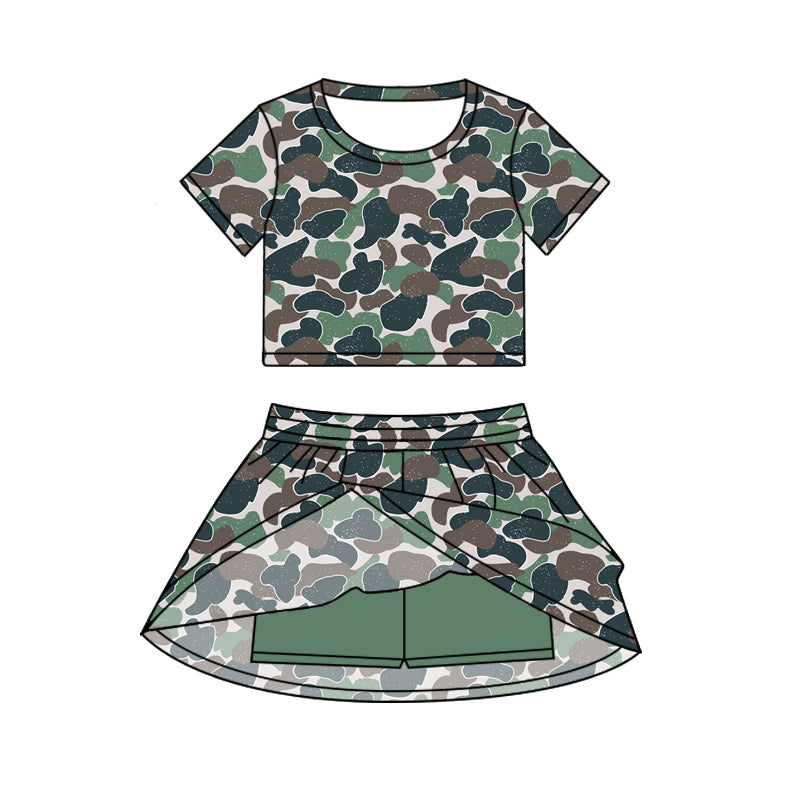 ( Moq 5 ) Preorder Baby Girl Short Sleeves Camo Shirt Skorts Set Summer Green Clothes
