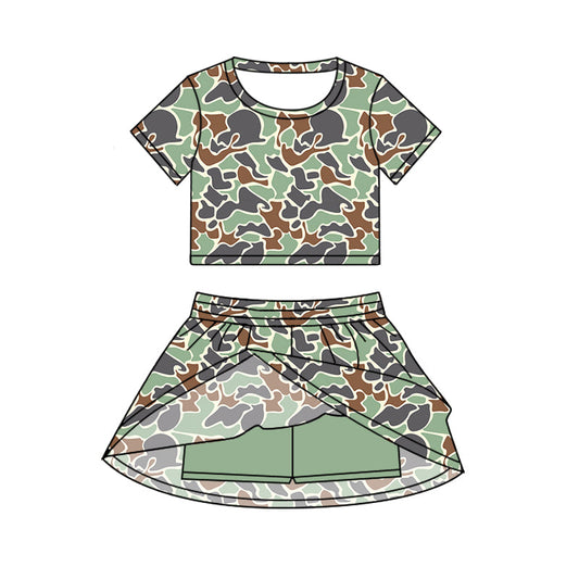( Moq 5 ) Preorder Baby Girl Short Sleeves Camo Shirt Skorts Green Set Summer Clothes