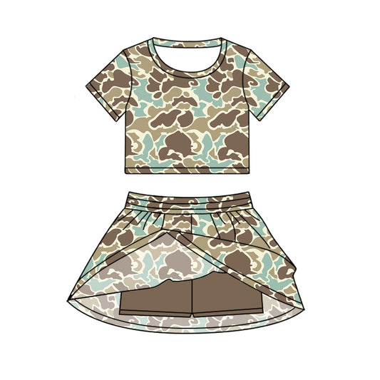 ( Moq 5 ) Preorder Baby Girl Short Sleeves Green Camo Shirt Skorts Set Summer Clothes