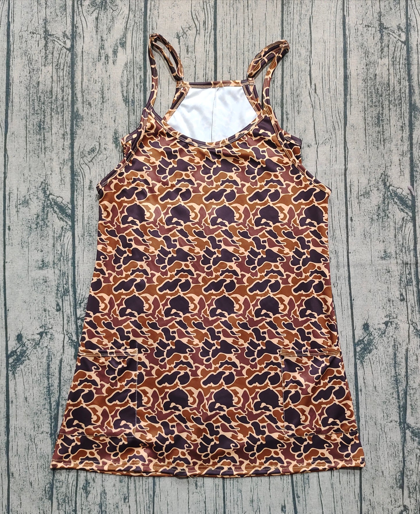 Adult Women Straps Brown Camo Pockets Yoga Active Summer Dress RTS