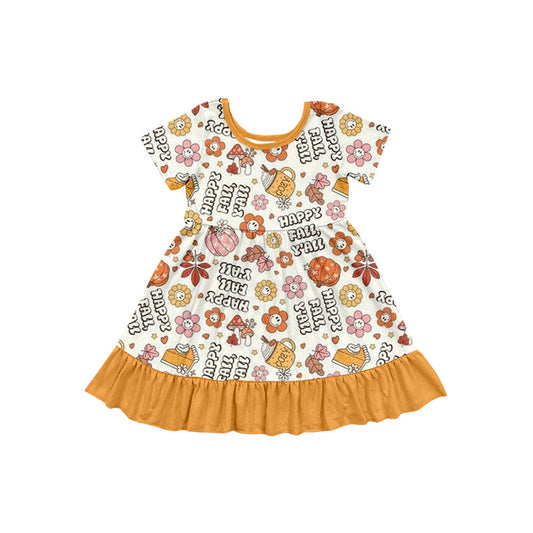 ( Moq 5 ) Preorder Baby Girl Short Sleeves Smile Flower Pumpkins Orange Ruffle Knee Length Fall Dress