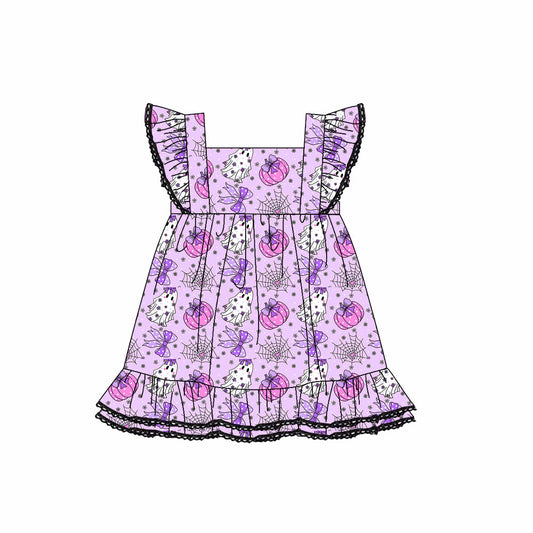( Moq 5 ) Preorder Baby Girl Short Sleeves Pumpkin Bows Ghost Knee Length Halloween Purple Dress