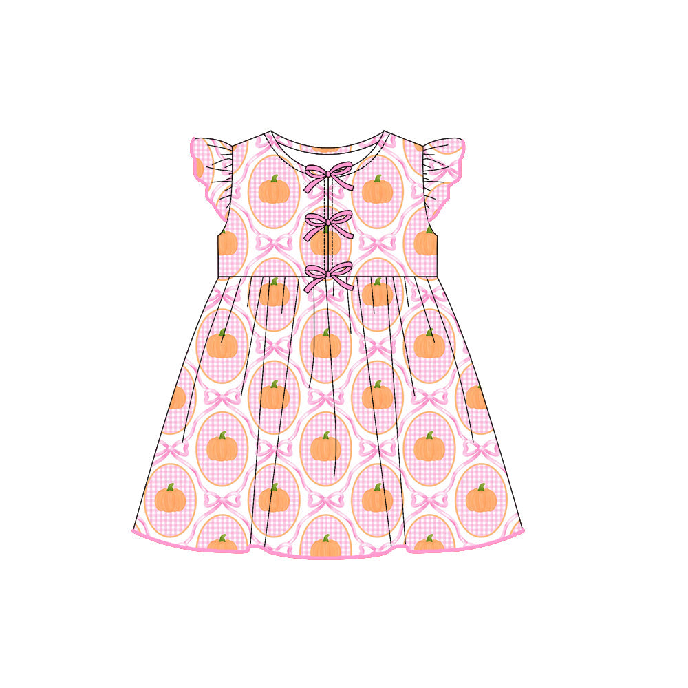 ( Moq 5 ) Preorder Baby Girl Short Sleeves Pumpkins Bows Fall Knee Length Dress