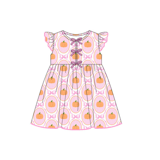 ( Moq 5 ) Preorder Baby Girl Short Sleeves Pumpkins Bows Fall Knee Length Dress