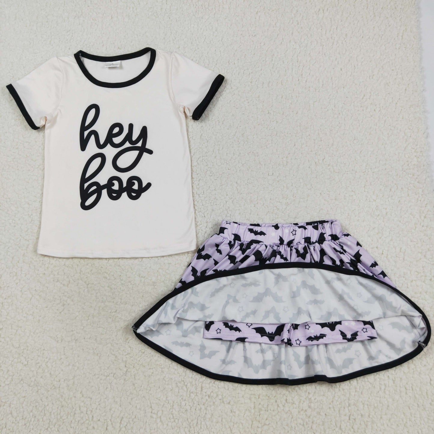 Girls Kids Short Sleeves Boo Shirt Bats Purple Skorts Sibling Halloween Set RTS