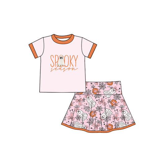 ( Moq 5 ) Preorder Baby Girl Short Sleeves Spooky Shirt Ghost Pumpkins Bows Skorts Halloween Set